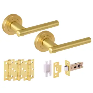 H6101SB - Hunta 'Solus' Satin Brass Passage Premium Latch Doorpack with 3" Ball Bearing Hinges &lpar;57mm Backset&rpar;