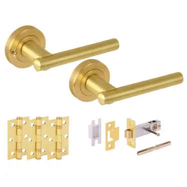 Click Here To Enlarge This Photo Of H6102SB - Hunta 'Solus' Satin Brass Privacy Premium Latch Doorpack with 3" Ball Bearing Hinges &lpar;57mm Backset&rpar;