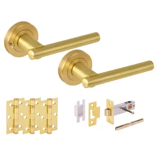 H6102SB - Hunta 'Solus' Satin Brass Privacy Premium Latch Doorpack with 3" Ball Bearing Hinges &lpar;57mm Backset&rpar;