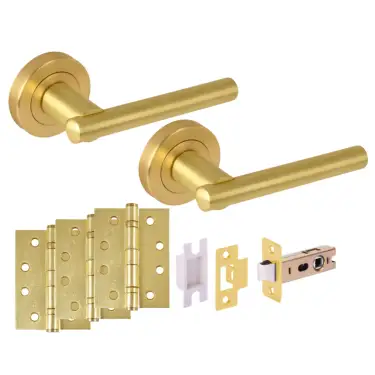 Click Here To Enlarge This Photo Of H6103SB - Hunta 'Solus' Satin Brass Passage Premium Latch Doorpack with 4" Fire Door Ball Bearing Hinges &lpar;57mm Backset&rpar;