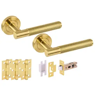 H2875SB - Hunta 'Evo' Satin Brass Passage Premium Latch Doorpack with 3" Ball Bearing Hinges &lpar;57mm Backset&rpar;