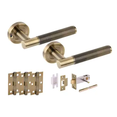 Click Here To Enlarge This Photo Of H2876ABR - Hunta 'Evo' Antique Brass Privacy Premium Latch Doorpack with 3" Ball Bearing Hinges &lpar;57mm Backset&rpar;
