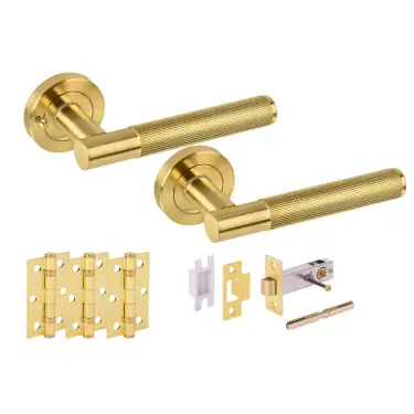 Click Here To Enlarge This Photo Of H2876SB - Hunta 'Evo' Satin Brass Privacy Premium Latch Doorpack with 3" Ball Bearing Hinges &lpar;57mm Backset&rpar;