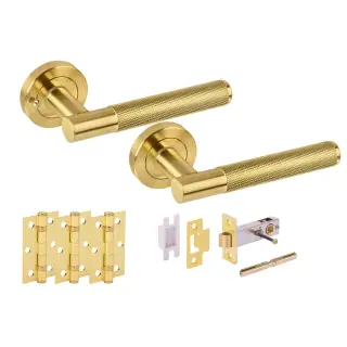 H2876SB - Hunta 'Evo' Satin Brass Privacy Premium Latch Doorpack with 3" Ball Bearing Hinges &lpar;57mm Backset&rpar;