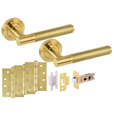 Click Here To Enlarge This Photo Of H6153SB - Hunta 'Evo' Satin Brass Passage Premium Latch Doorpack with 4" Fire Door Ball Bearing Hinges &lpar;57mm Backset&rpar;