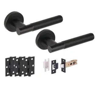 H6110BM - Hunta 'Halo' Matt Black Passage Premium Latch Doorpack with 3" Ball Bearing Hinges &lpar;57mm Backset&rpar;