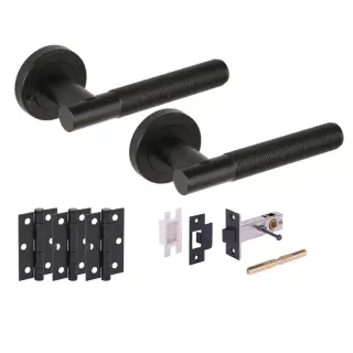H6111BM - Hunta 'Halo' Matt Black Privacy Premium Latch Doorpack with 3" Ball Bearing Hinges &lpar;57mm Backset&rpar;
