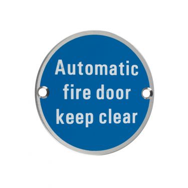 Click Here To Enlarge This Photo Of ZSS12SS - Zoo Hardware 76mm 'Automatic Fire Door Keep Clear' Disc Signage - Satin Stainless Steel