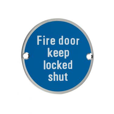 Click Here To Enlarge This Photo Of ZSS13SS - Zoo Hardware 76mm 'Fire Door Keep Locked Shut' Disc Signage - Satin Stainless Steel