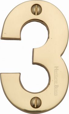 Click Here To Enlarge This Photo Of C1566 3-PB Heritage Brass Numeral 3 Face Fix 76mm &lpar;3"&rpar; Polished Brass Finish